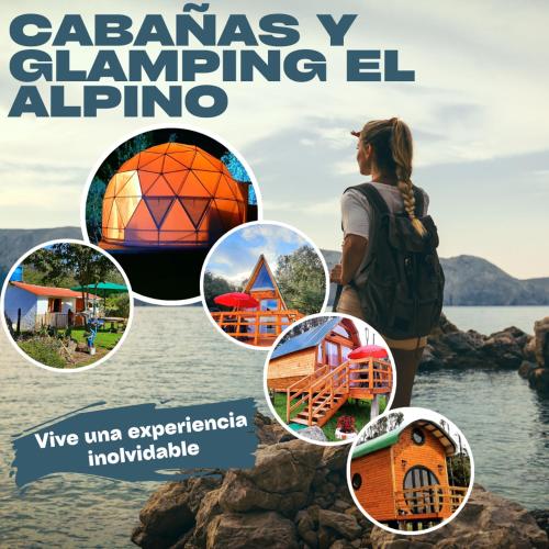 a woman with a backpack standing next to a body of water at El Alpino Cabaña Glamping & Camping in Guatavita
