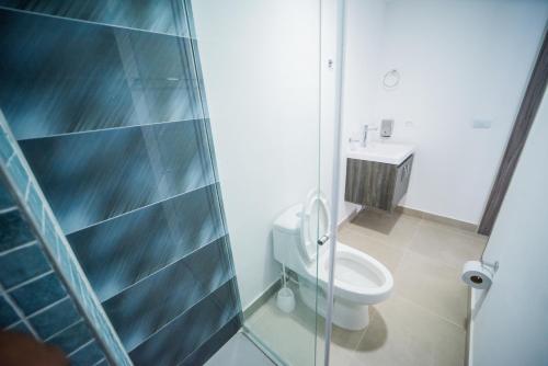 La salle de bains est pourvue de toilettes et d'une douche en verre. dans l'établissement hermosa cabaña multinivel para pareja, 