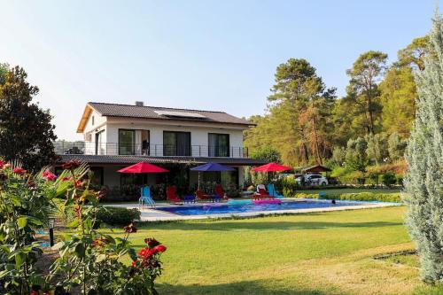 una casa con piscina en un patio en Narya, Peaceful Farmhouse in the Forest, en Koycegiz