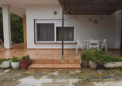 a patio with plants and a table in a house at Τhe banana tree beach house in Marathón