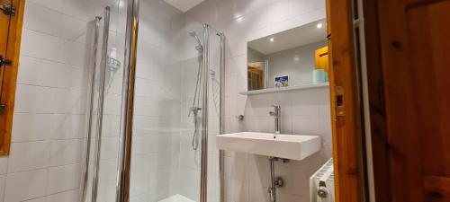 biała łazienka z umywalką i prysznicem w obiekcie Allotjament Can Polit w mieście Camprodon