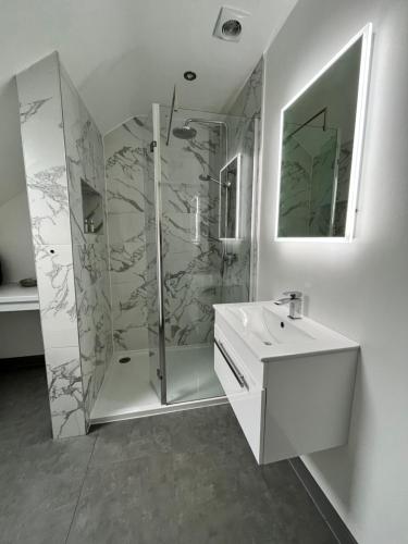 ein Badezimmer mit Dusche und Waschbecken in der Unterkunft The Annexe at Bricket House in Malvern Link