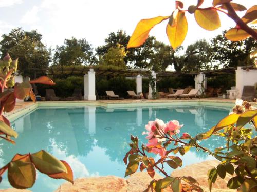 a swimming pool with blue water and flowers at Casa Vacanze Riposo Del Vento in Cisternino