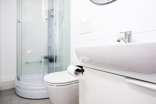 ein Badezimmer mit Waschbecken, Toilette und Dusche in der Unterkunft Köhlz Appartement im 1 OG in Mertener Heide