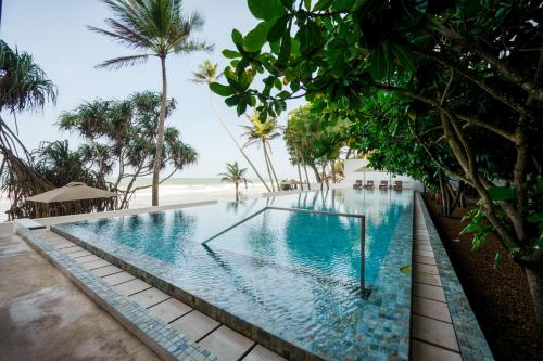 una piscina junto a una playa con palmeras en Riff Hikkaduwa en Hikkaduwa