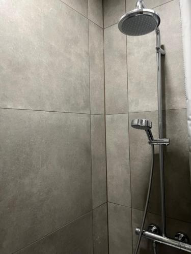 a shower with a glass door and a shower head at Mazā Kaija in Bērzciems