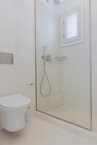 a bathroom with a shower and a toilet at Irida Vacation suites in Kastraki Naxou