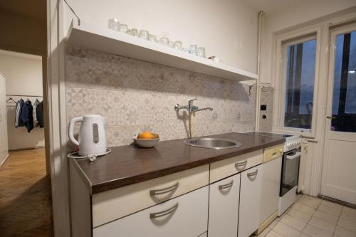 uma cozinha com um lavatório e uma bancada em St Marks em Belgrado