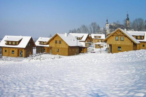 a group of wooden houses in the snow at Chalet near Kalkalpen National Park in Schlierbach