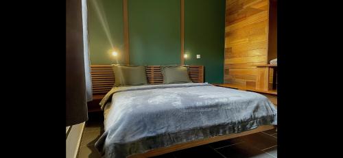 a bedroom with a large bed with green walls at Lilicam Studio in Saint-Georges