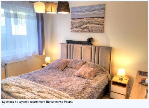 a bedroom with a bed and two lamps and a picture at Dom z ogrodem Bursztynowa Polana in Ustka