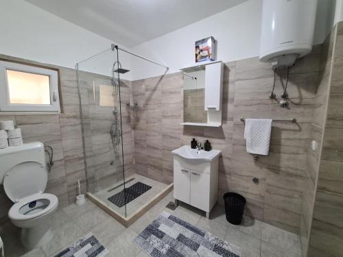 a bathroom with a shower and a toilet and a sink at Vizura in Trebinje