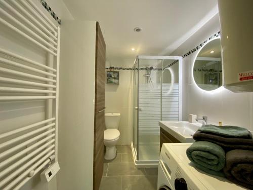 Un baño blanco con inodoro y lavabo. en Beautiful duplex with sea view, en Grasse