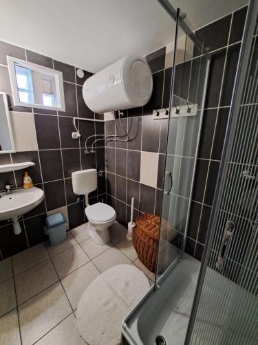 Szihalom的住宿－Hármas Apartman - Zsóryfürdő Mezőkövesd，带淋浴、卫生间和盥洗盆的浴室