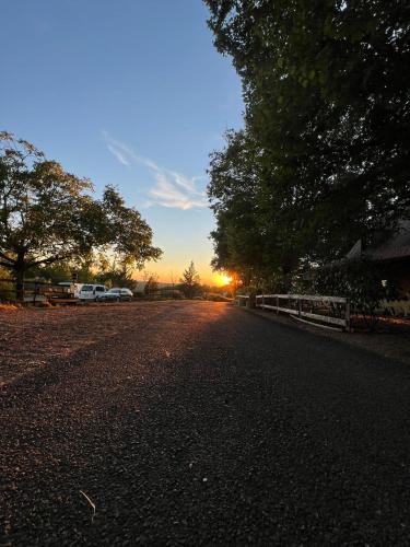 une route vide avec le coucher du soleil au loin dans l'établissement Emplacement tente camping car, à Saint-Aubin-de-Nabirat