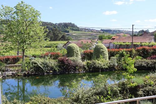 a garden with a pond in the middle at FH Hotel Rural in Felgueiras