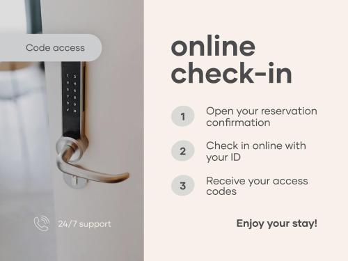 un cartello che legge il check-in online su una porta di limehome Stuttgart Elsenhansstr a Stoccarda