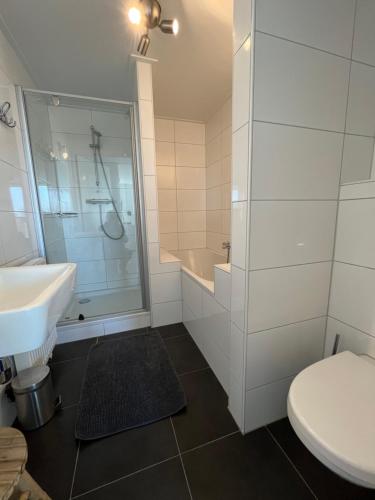 オーストカペッレにあるResidence het Centrumの洗面台、シャワー、トイレ付きのバスルーム