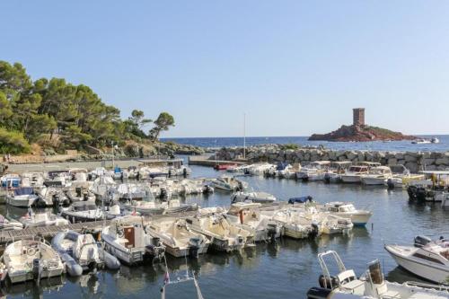 a bunch of boats are docked in a marina at Dans un cadre d'exception, Vue mer panoramique à Agay Côte d'Azur, Village Vacances Cap Esterel, 2 chambres, avec jardin, golf, climatisation, Wifi, 5 piscines in Agay - Saint Raphael