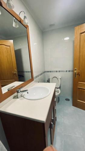 a bathroom with a sink and a toilet and a mirror at Alojamiento Fragata Lealtad in Moaña