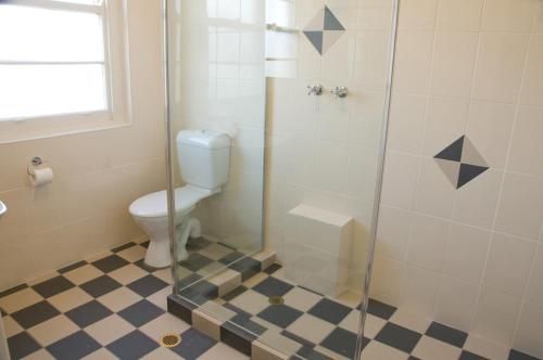 a bathroom with a toilet and a glass shower at The Alpine Hotel in Cooma