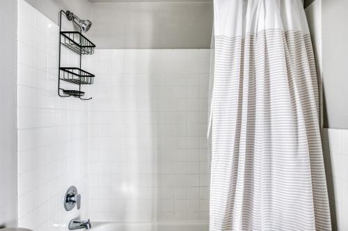 a bathroom with a shower with a shower curtain at Edgewater 1br w gym deck lounge nr L CHI-918 in Chicago
