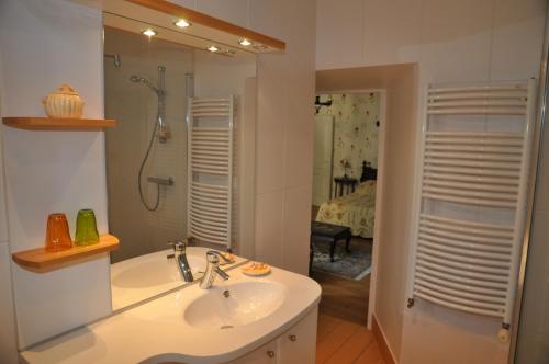 a bathroom with a sink and a shower and a mirror at Le Clos de la Bastide in Galan