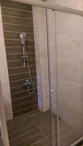 a shower with a glass door in a bathroom at B-wei B&B in Hualien City