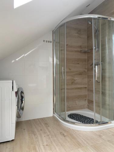 een douche met een glazen deur in de badkamer bij Apartament u Uli in Kołobrzeg