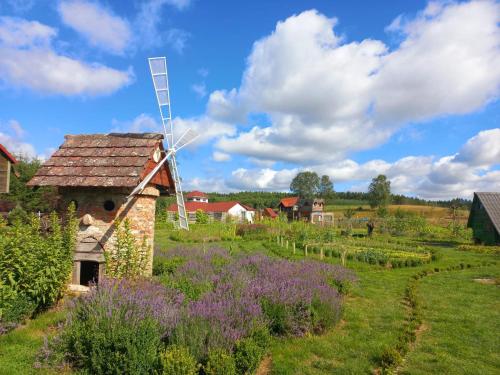 a windmill in a field with purple flowers at Dom Malarki in Mirosławiec