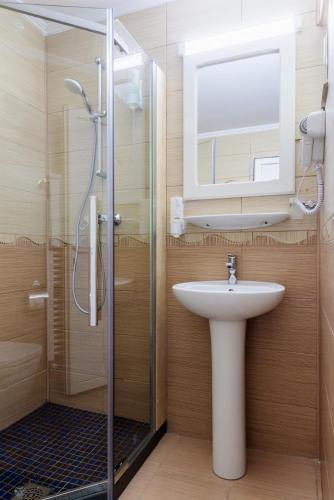 a bathroom with a sink and a shower with a mirror at Hotel Central - Baile Olanesti in Băile Olăneşti