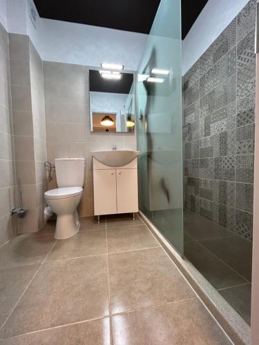 uma casa de banho com um WC e uma cabina de duche em vidro. em Perla Home - Studio 22 em Popeşti-Leordeni