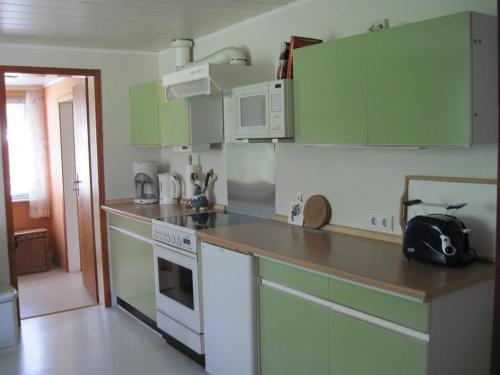 a kitchen with green cabinets and a counter top at Am Klecker Wald, Ferienhaus in Jesteburg