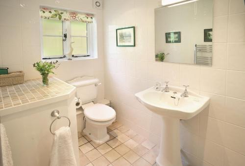 a white bathroom with a toilet and a sink at Magna Cottage in Ashmore
