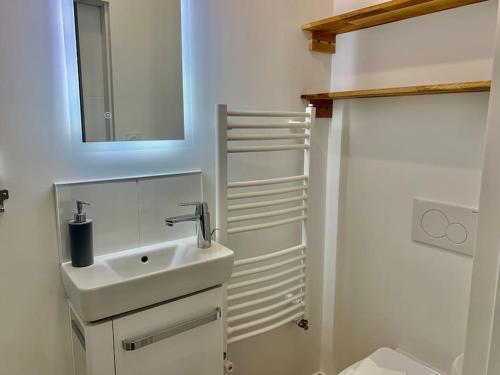 La salle de bains blanche est pourvue d'un lavabo et d'un miroir. dans l'établissement Le Mimosa, Maison-Jardin dans Rennes- 2 chambres, à Rennes