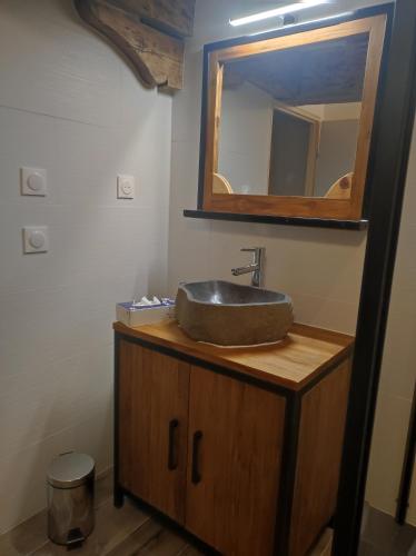 une salle de bain avec un lavabo et un miroir sur un comptoir dans l'établissement CHEZ FLORENT ET CELINE, à Queige
