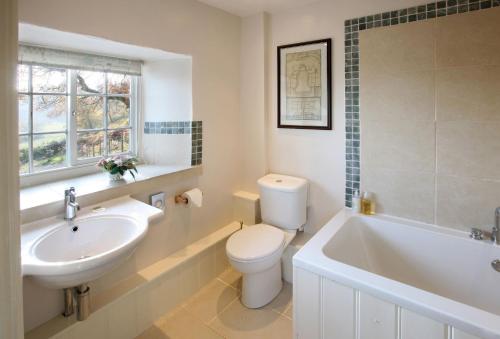 a bathroom with a sink and a toilet and a tub at Garth Iwrch in Eglwys-Fâch