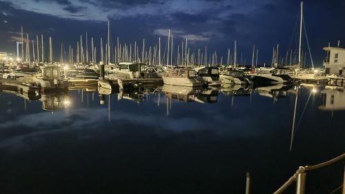 a group of boats docked in a marina at night at 4 Sterne Dtv Floating House in Kröslin
