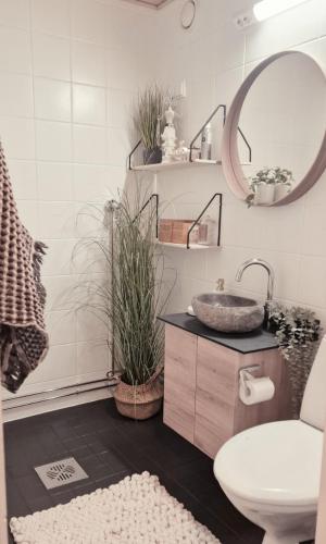 a bathroom with a sink and a mirror at Huoneisto Olavinlinnan lähellä in Savonlinna
