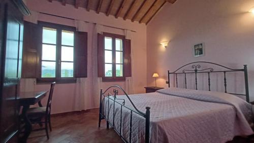 een slaapkamer met een bed en een tafel en ramen bij il Chiassetto Agriturismo No Kids in Cascina