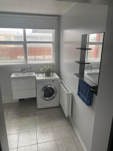 a laundry room with a washing machine and a sink at Central Apartments in Vestmannaeyjar
