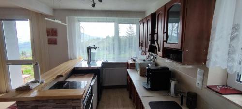 Una cocina con armarios de madera y un fregadero y una ventana. en Ružová Vila, en Banská Štiavnica