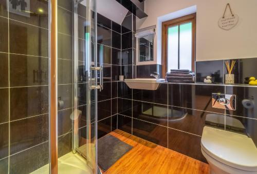 La salle de bains est pourvue d'une douche, de toilettes et d'un lavabo. dans l'établissement Beau View Cottage, à Bekesbourne