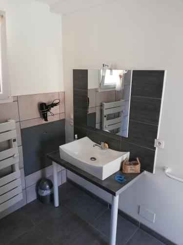 une salle de bain avec un lavabo et un miroir dans l'établissement GITE LA BLANCHE LONGERE, à Compertrix