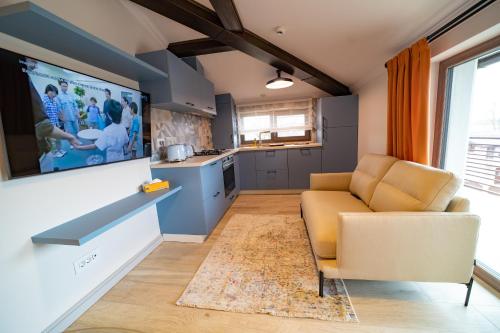 a living room with a couch and a tv on a wall at First Apartments in Focşani