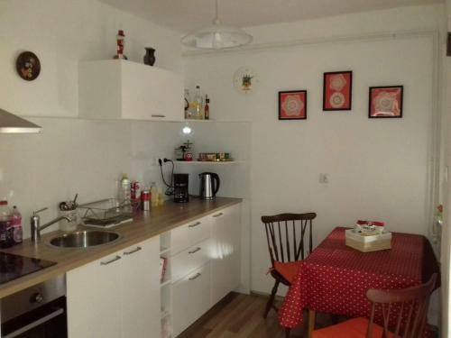 eine Küche mit einem Waschbecken und einem Tisch mit einem roten Tischtuch in der Unterkunft Apartman Zanetti Ivica, Lipik 5 in Lipik