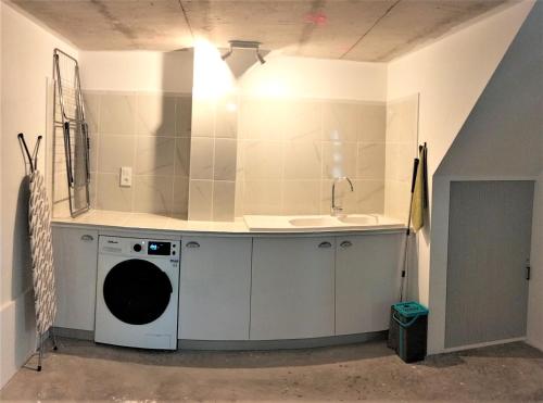 une cuisine avec une machine à laver et un évier dans l'établissement Les Coquelicots, à Cormaranche-en-Bugey