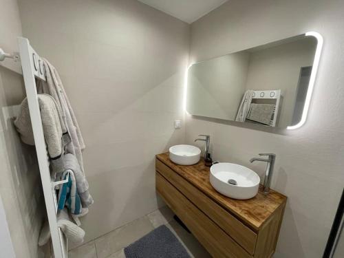 une salle de bain avec un lavabo et un miroir dans l'établissement Charmant appartement dans un domaine avec piscine, à Mougins