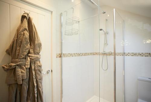 een badkamer met een douche en een glazen deur bij Wisteria Cottage Ceredigion in Ystrad Meurig