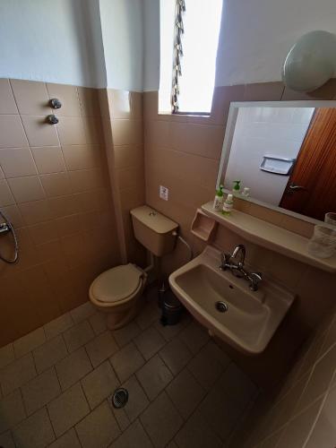 Un baño con inodoro, lavabo y espejo. en Alexandra Studio 8, en Lefkimmi
